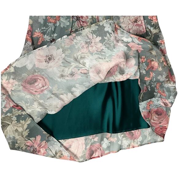 Zara Emerald Green Floral Chiffon Midi Dress Size Small Sheer Overlay with Slip - Picture 12 of 13